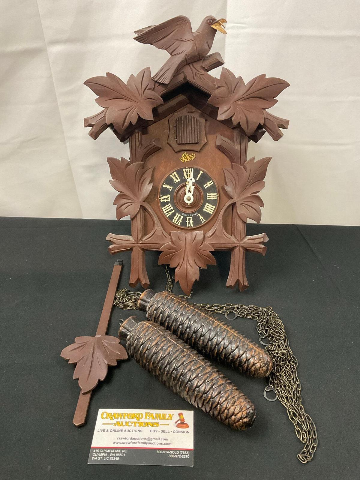 German Black Forest Style Cuckoo Clock, Brass Movement, w/ Pinecone Weights