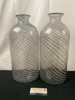 Pair of Handblown Jug Vases, Black & White Spiral Stripes