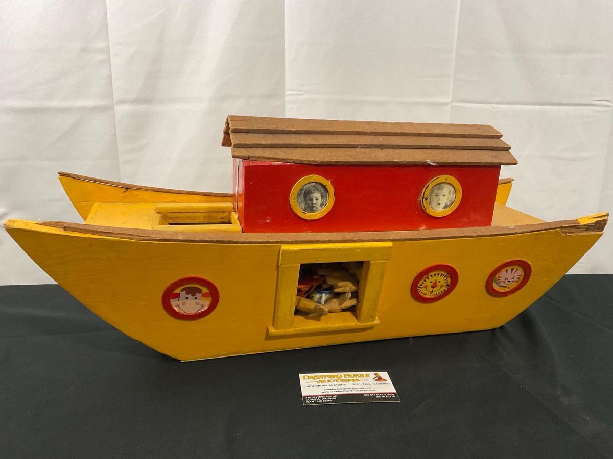 Red & Yellow Wooden Handmade Noahs Ark w/ variety of animal and dinosaur figures