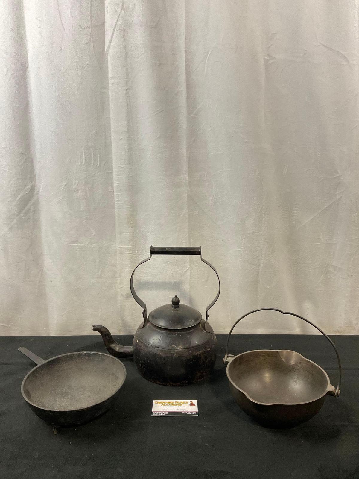 3 pcs Vintage Metal Kitchenware. Griswold Cast Iron Patty Bowl. Primitive Teapot & Pan. See pics.