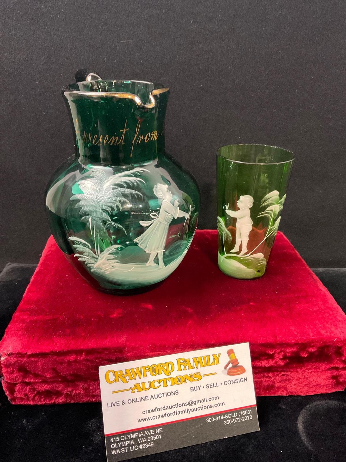Antique Deco Period Mary Gregory Glass, Dark Green Bottle Glass Creamer & Lime Green Small Glass