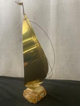 Signed Mid Century Modern Brass & Marble Statue of Sailboat