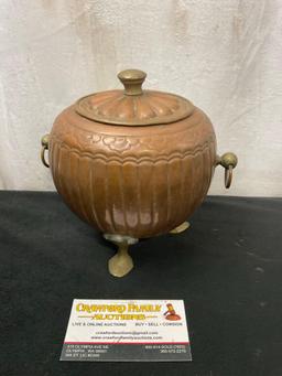 Antique Copper & Brass Pot w/ Lid and Brass Feet, Chinese or Indian