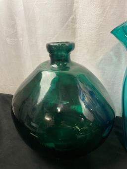 Large Handblown Recycled Round Vase Dark Green & Blue/Clear/Teal Large Vase w/ Frilled Edge