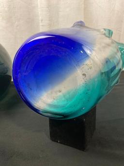 Large Handblown Recycled Round Vase Dark Green & Blue/Clear/Teal Large Vase w/ Frilled Edge