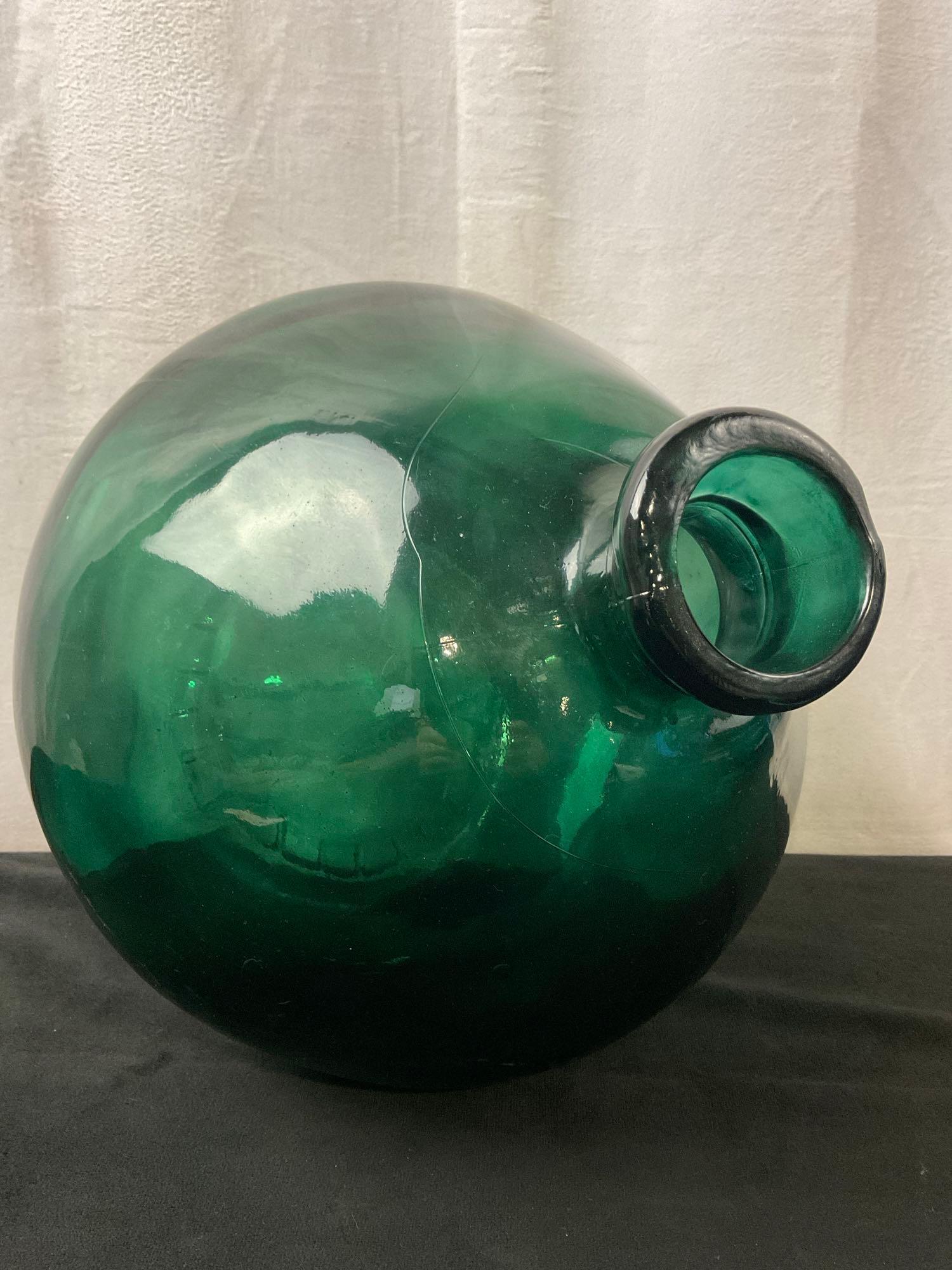 Large Handblown Recycled Round Vase Dark Green & Blue/Clear/Teal Large Vase w/ Frilled Edge