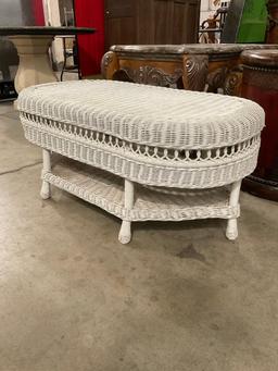 Vintage White Wicker Patio Coffee Table w/ 2 Tiers & Unique Shape. Measures 42.5" x 18" See pics.