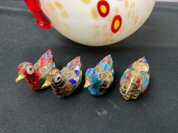 Hand Blown Rooster & 4 Vintage Chinese Cloisonne Duck Figures