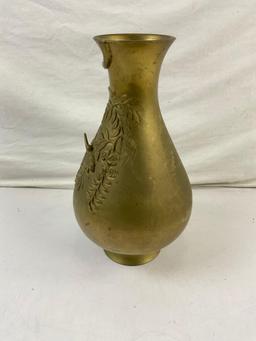 Vintage Brass Urn w/ Kingfisher & Flowering Vine Motifs. Stands 15" Tall. No hallmark. See pics.