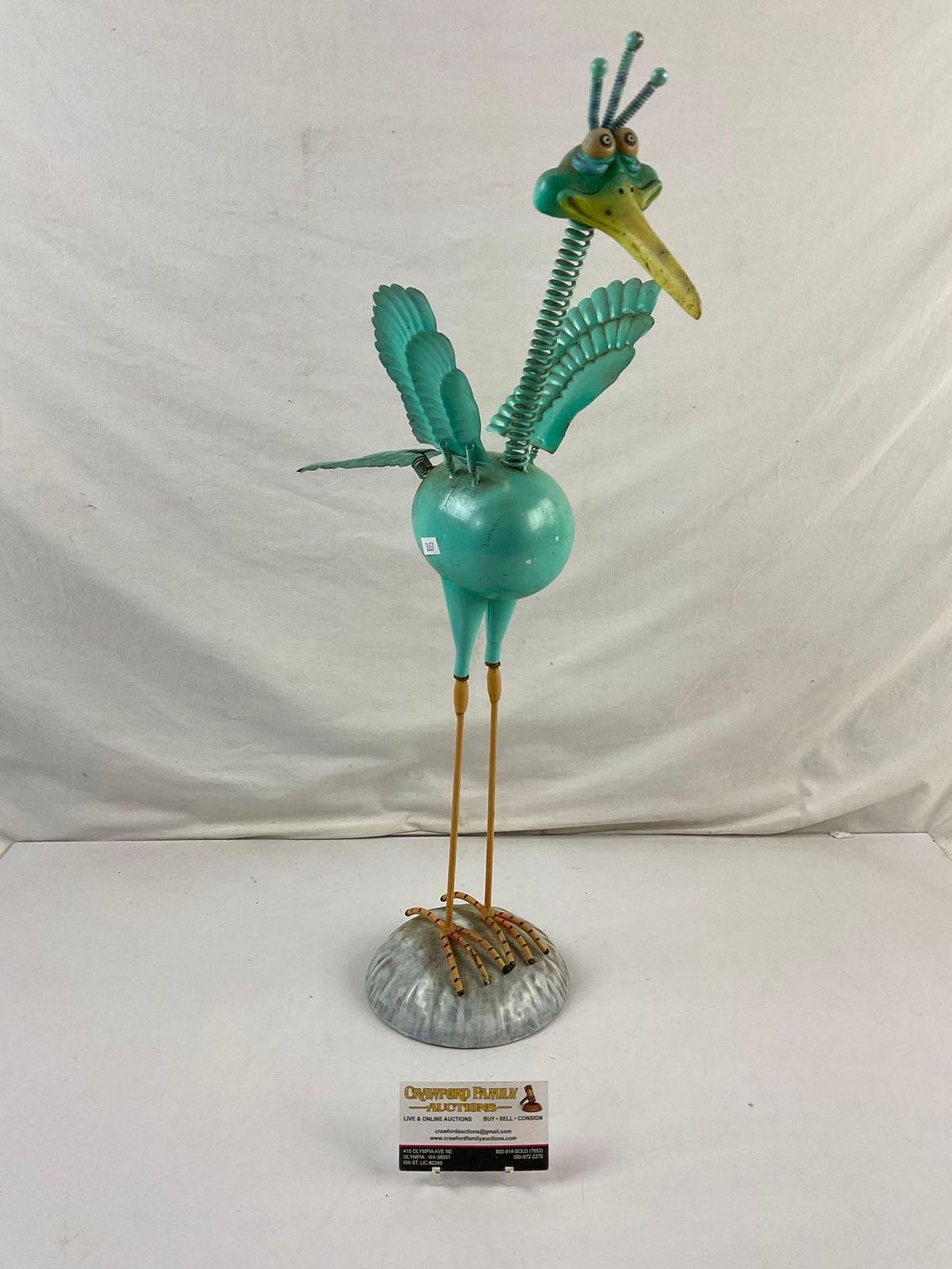 Vintage Cheerful Turquoise Metal Bird Yard Art Sculpture w/ Bouncing Spring Bobblehead. See pics.