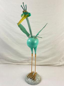 Vintage Cheerful Turquoise Metal Bird Yard Art Sculpture w/ Bouncing Spring Bobblehead. See pics.