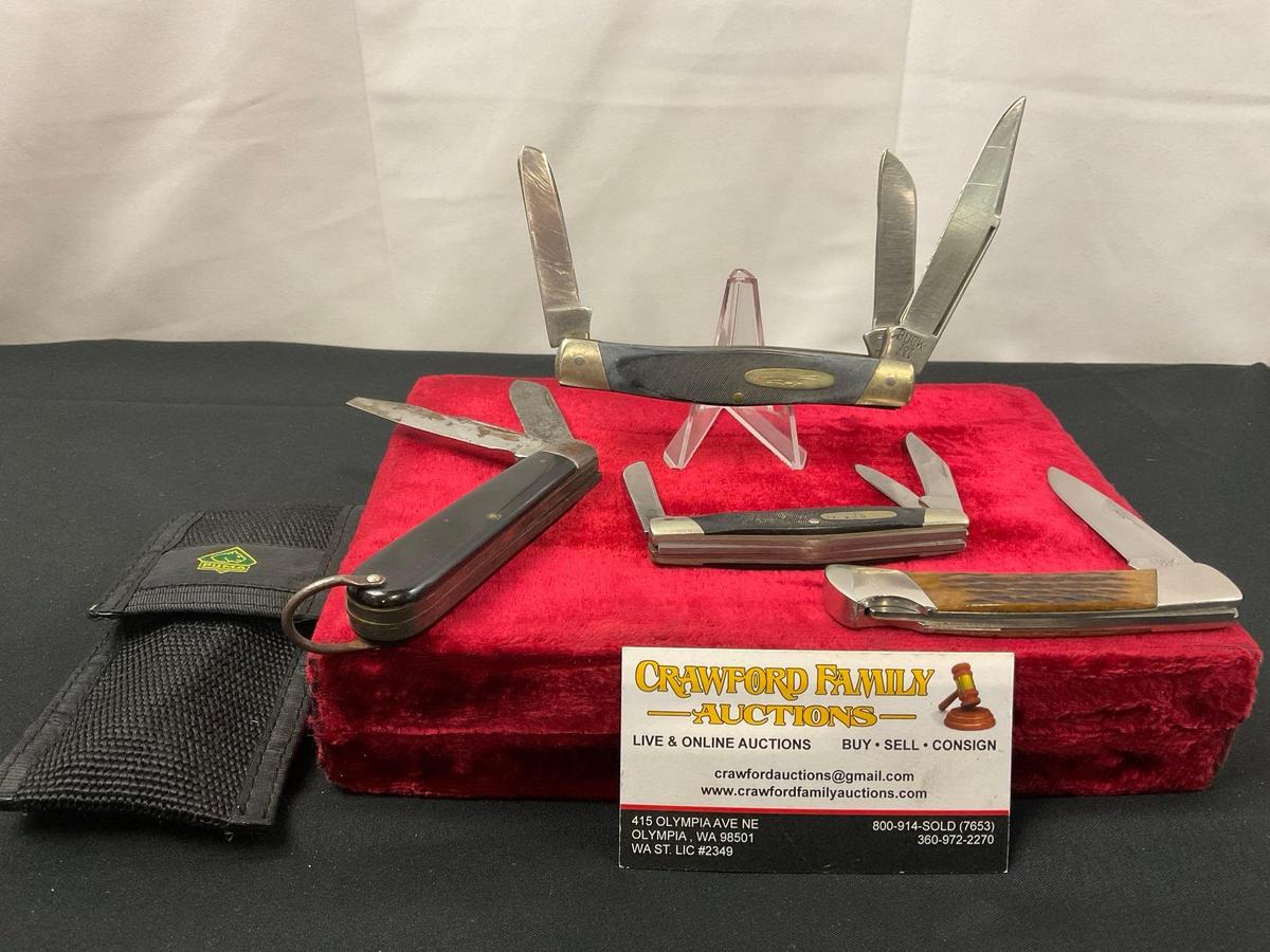 4x Folding Pocket Knives, 3x Buck models 303, 307, 501 & Camco 220 (?) Camp Knife