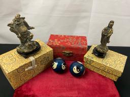 Chinese Stress Relief Balls, pair of small Brass Figures, Zhong Kui & Quan Yin