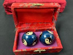 Chinese Stress Relief Balls, pair of small Brass Figures, Zhong Kui & Quan Yin