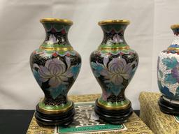 4x Cloisonne Vases, 2x Black Enamel, 2x White Enamel w/ Floral Motifs