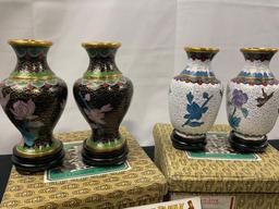 4x Cloisonne Vases, 2x Black Enamel, 2x White Enamel w/ Floral Motifs