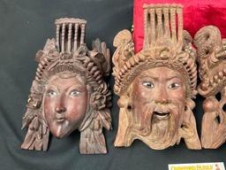 4x Chinese Rosewood Carved Masks, w/ Glass Eyes