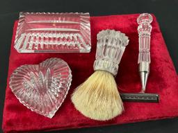 Vintage Waterford Crystal Vanity Shaving Set, Rect. & Heart Shaped Soap Holder, Shaver & Brush