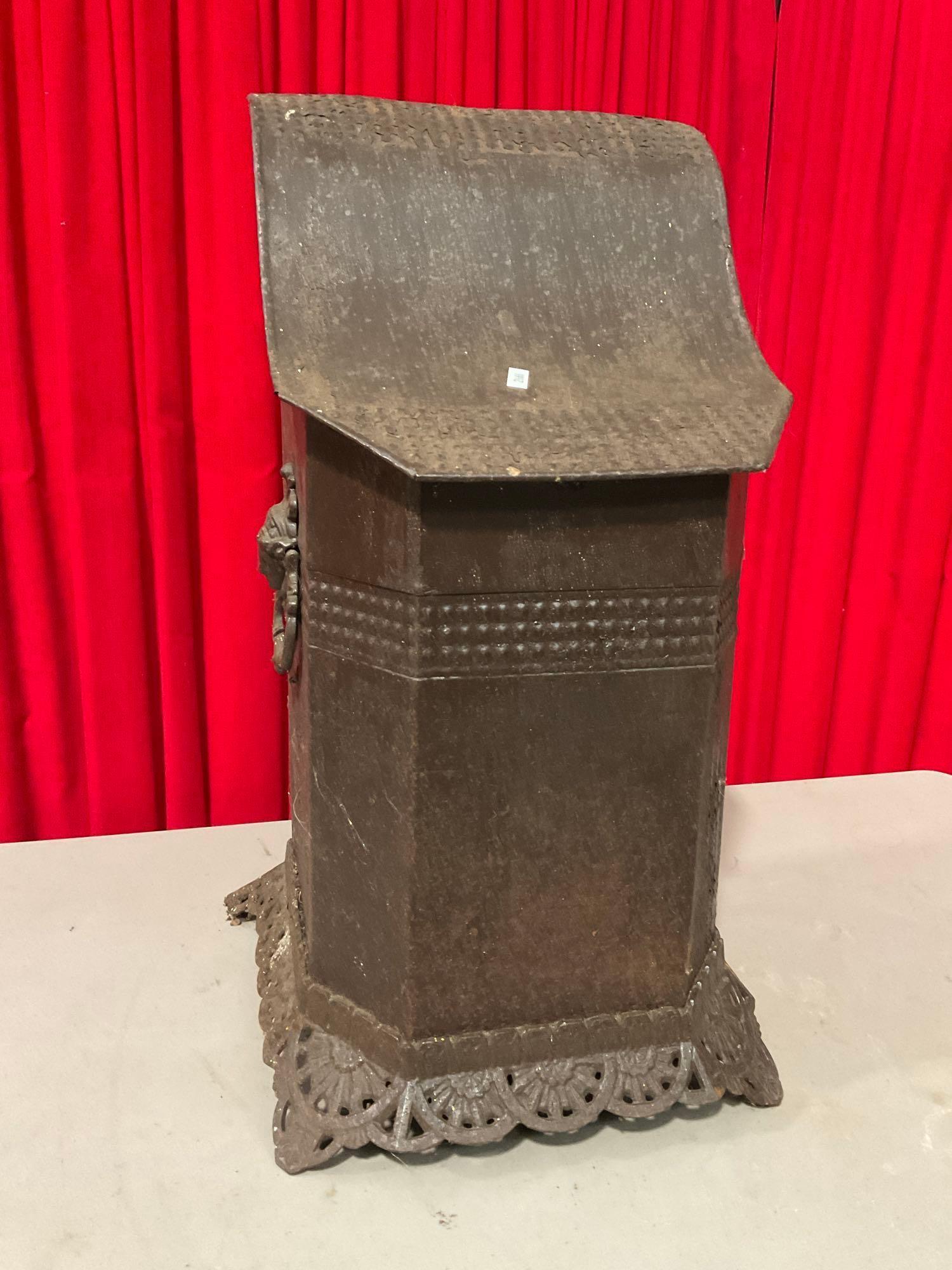 Antique Cast Iron Standing Coal Scuttle, Maker is Illegible, Patented 1872, Model 151A. See pics.