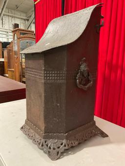 Antique Cast Iron Standing Coal Scuttle, Maker is Illegible, Patented 1872, Model 151A. See pics.