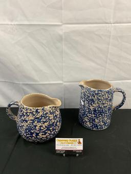 2 pcs Vintage Marshall Pottery Handmade Blue & Beige Speckled Ceramic Pitchers, Dated '78. See pi...