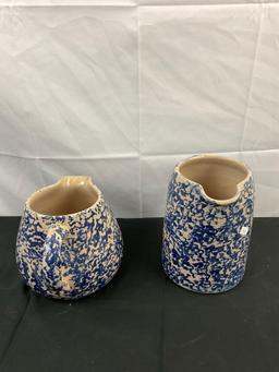 2 pcs Vintage Marshall Pottery Handmade Blue & Beige Speckled Ceramic Pitchers, Dated '78. See pi...