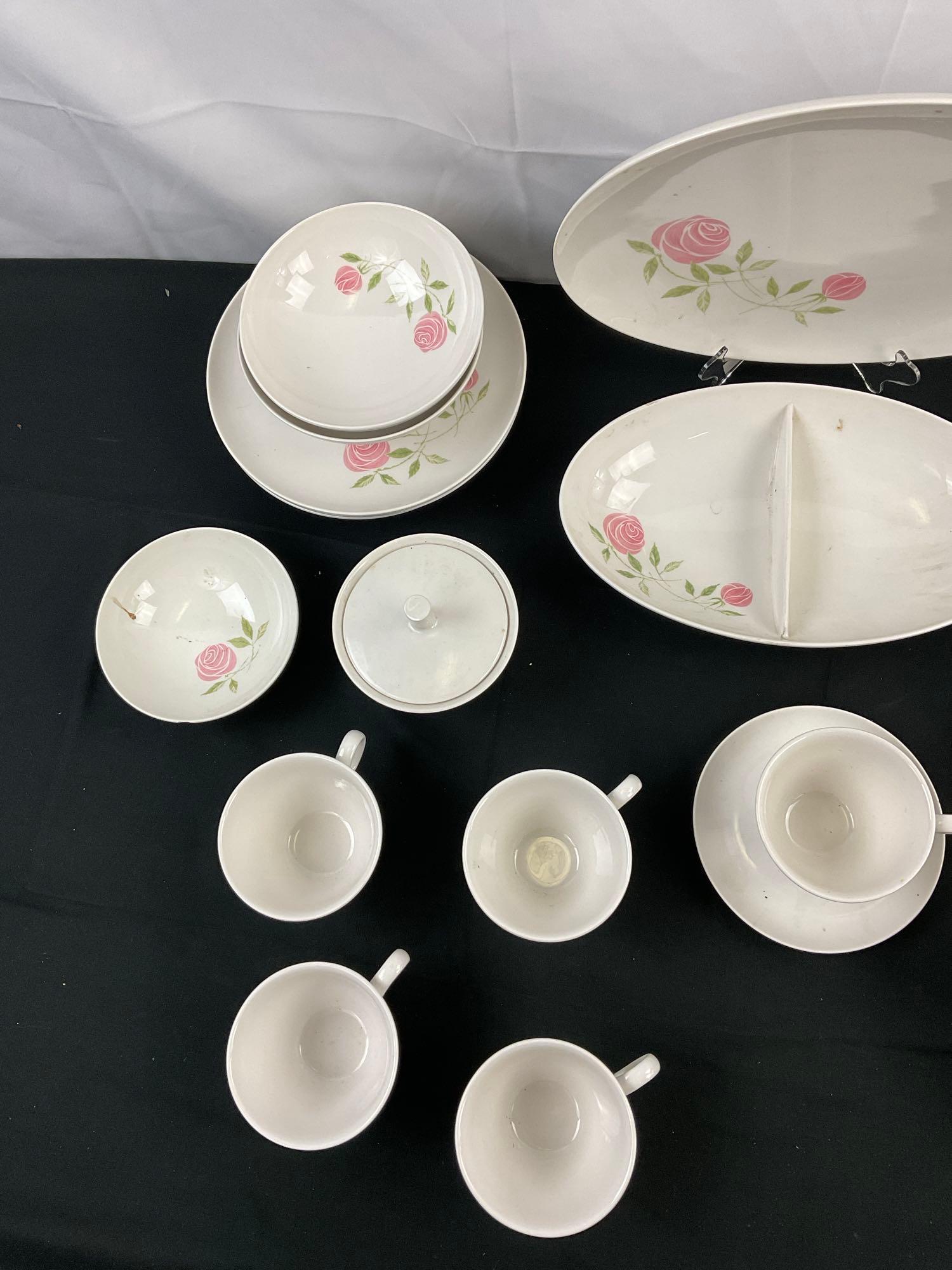 30 pcs Vintage Franciscan Whitestone Ware Tea Set in Pink-a-Dilly Pattern. 1 Substituted Plate. See