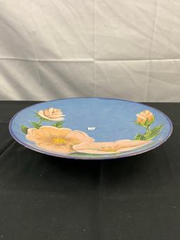 Vintage Decorative Blue Ceramic Plate w/ Hand Painted Pink Dog Rose Blossom. Unsigned. See pics.