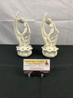 Pair of Vintage 1920's German ?Cream Ceramic Flower Frogs. Classic Bathing Maiden Design. See pics.