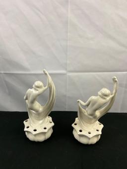 Pair of Vintage 1920's German ?Cream Ceramic Flower Frogs. Classic Bathing Maiden Design. See pics.