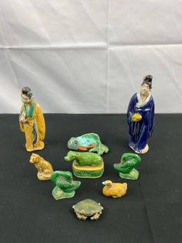 9 pcs Vintage Small Hand Painted Decorative Asian Ceramic Figurines. Geese, Koi Fish. See pics.