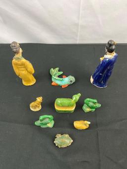 9 pcs Vintage Small Hand Painted Decorative Asian Ceramic Figurines. Geese, Koi Fish. See pics.