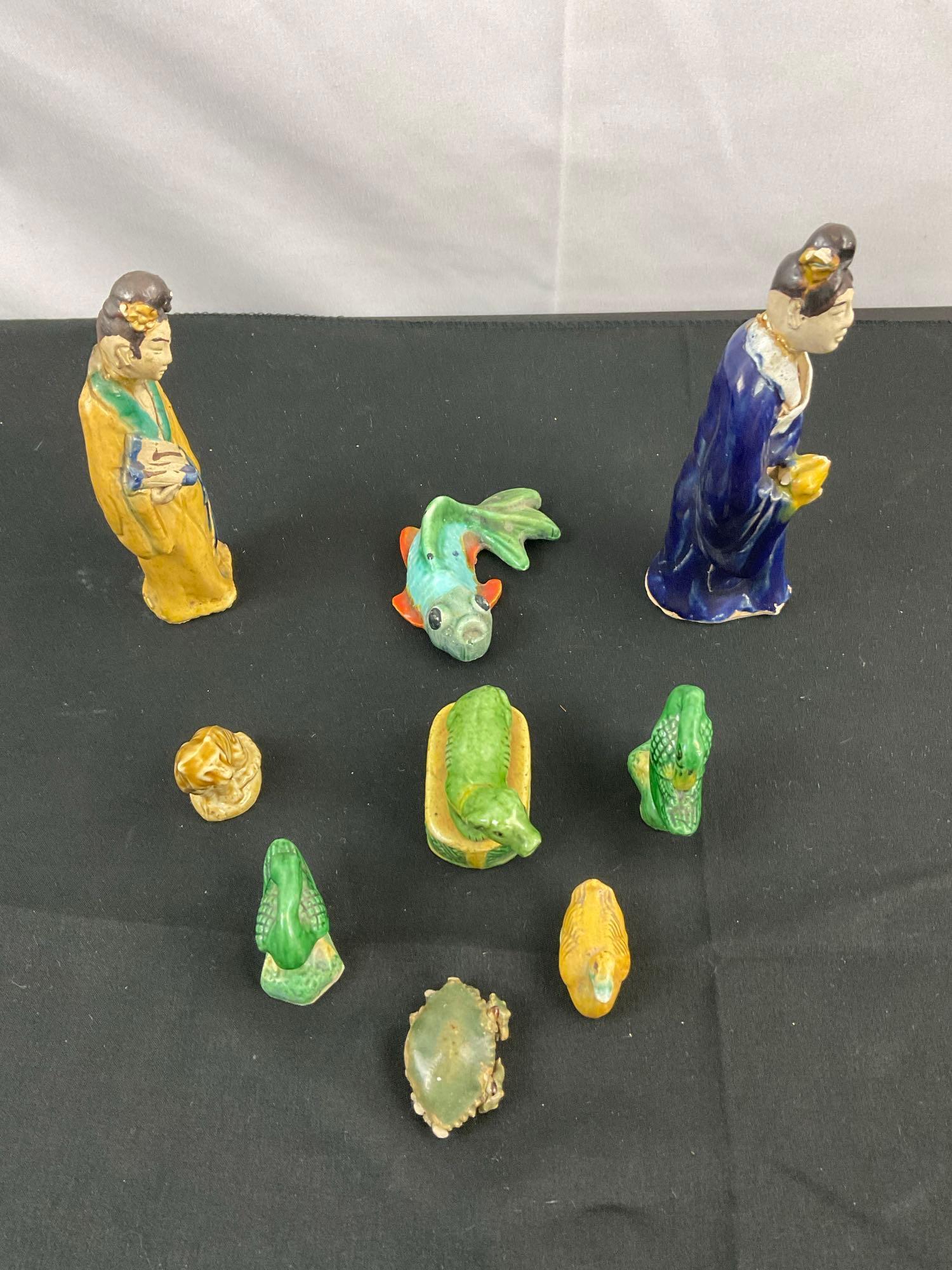 9 pcs Vintage Small Hand Painted Decorative Asian Ceramic Figurines. Geese, Koi Fish. See pics.