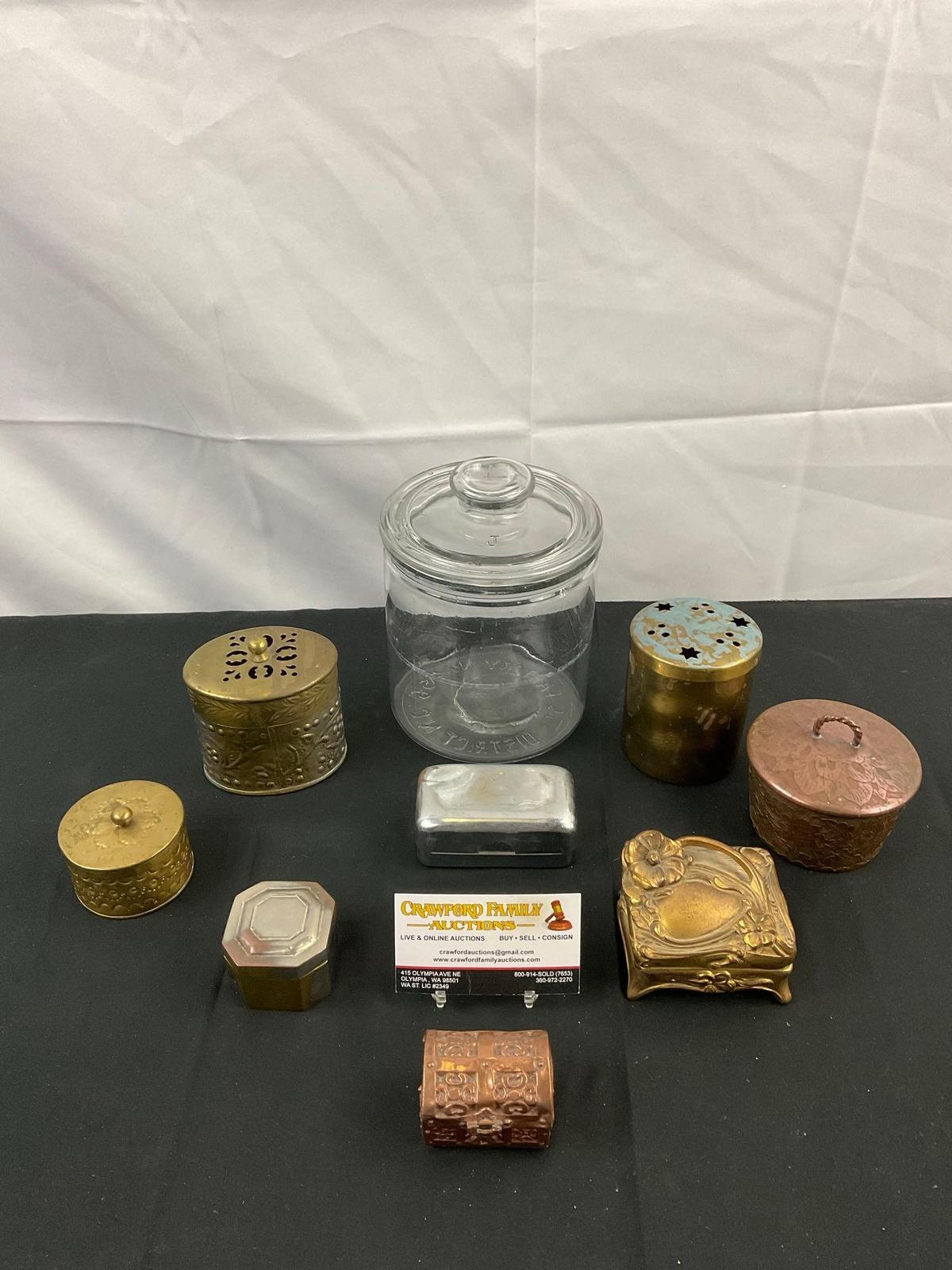 9 pcs Vintage Decorative Container Assortment. 1x Glass Apothecary Jar. 8x Metal Jars & Boxes. See