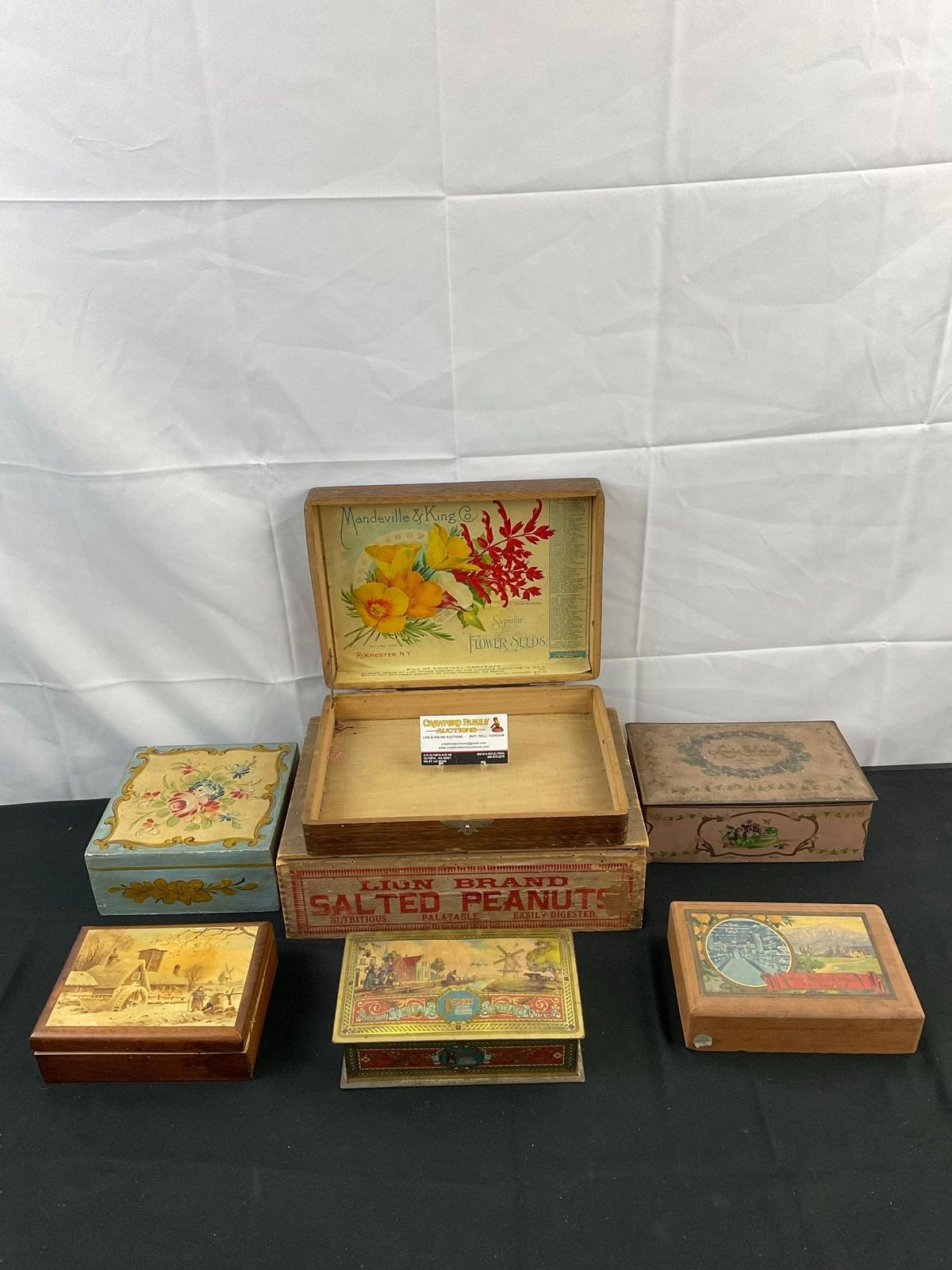 7 pcs Vintage Box Assortment. 2x Tin Chocolate Boxes, 5x Decorative Wooden Boxes. See pics.