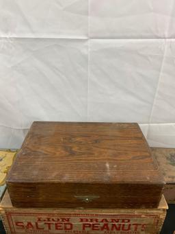 7 pcs Vintage Box Assortment. 2x Tin Chocolate Boxes, 5x Decorative Wooden Boxes. See pics.