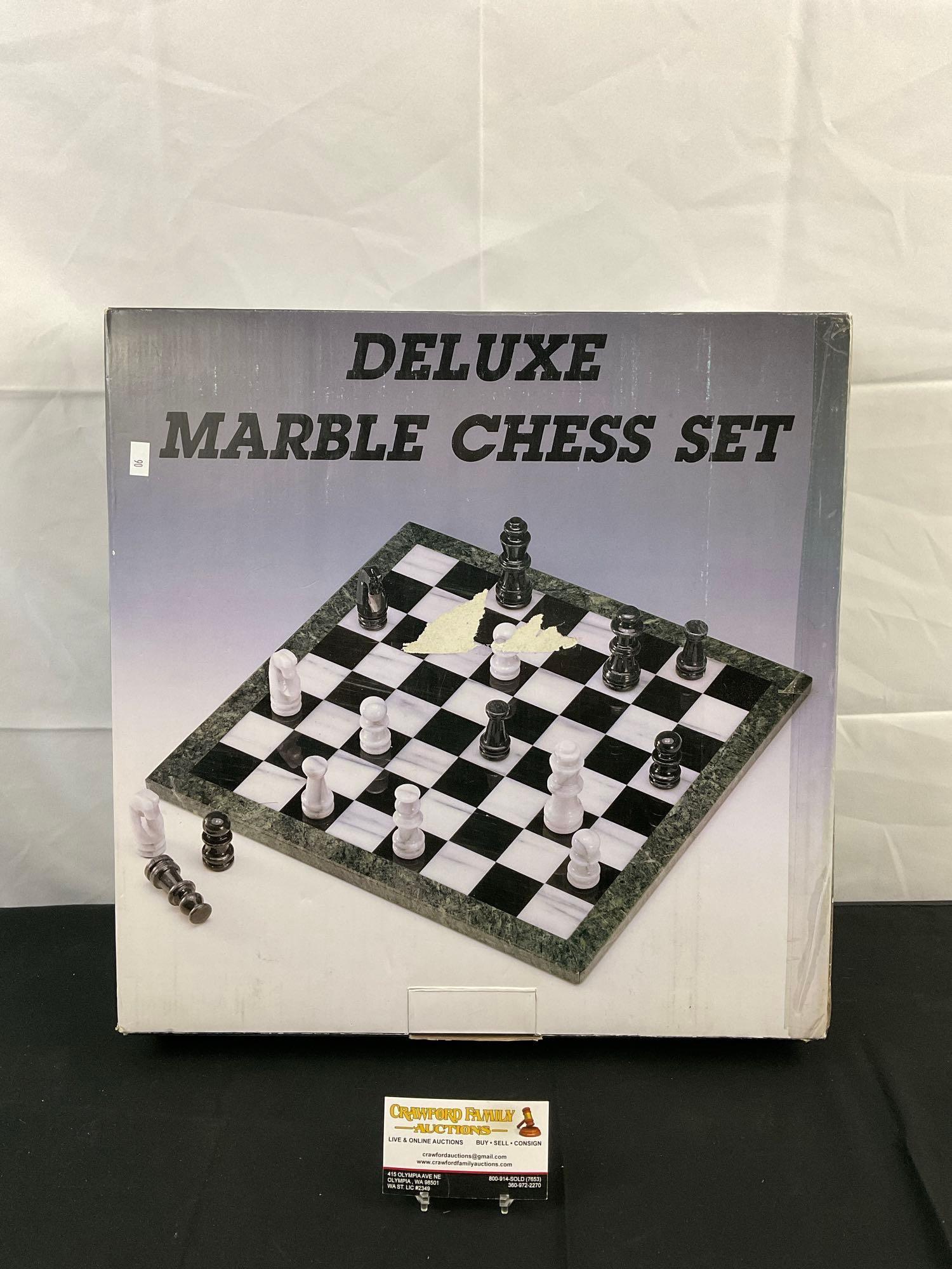 Vintage Deluxe Black & White Marble Chess Set. All Pieces Present. Condition is Excellent. NIB. See