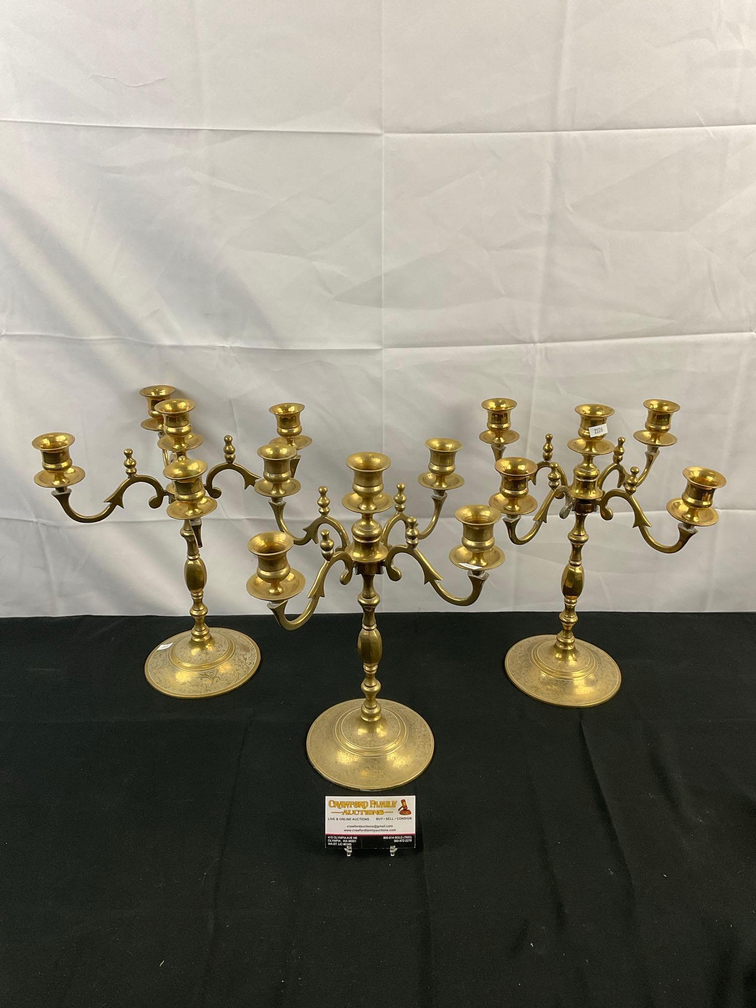 3 pcs Vintage Brass Candelabras, Each w/ 5 Candle Holders. Etched Floral Bases. See pics.