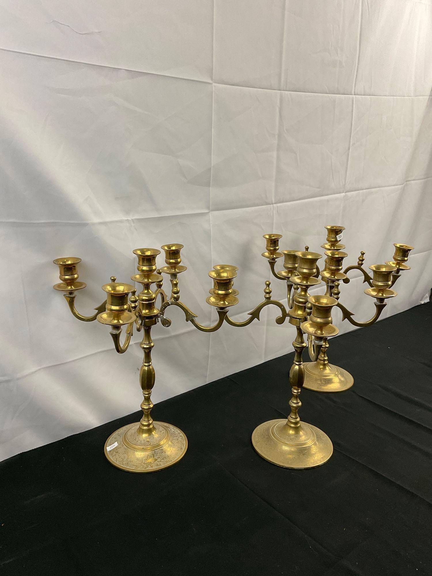 3 pcs Vintage Brass Candelabras, Each w/ 5 Candle Holders. Etched Floral Bases. See pics.