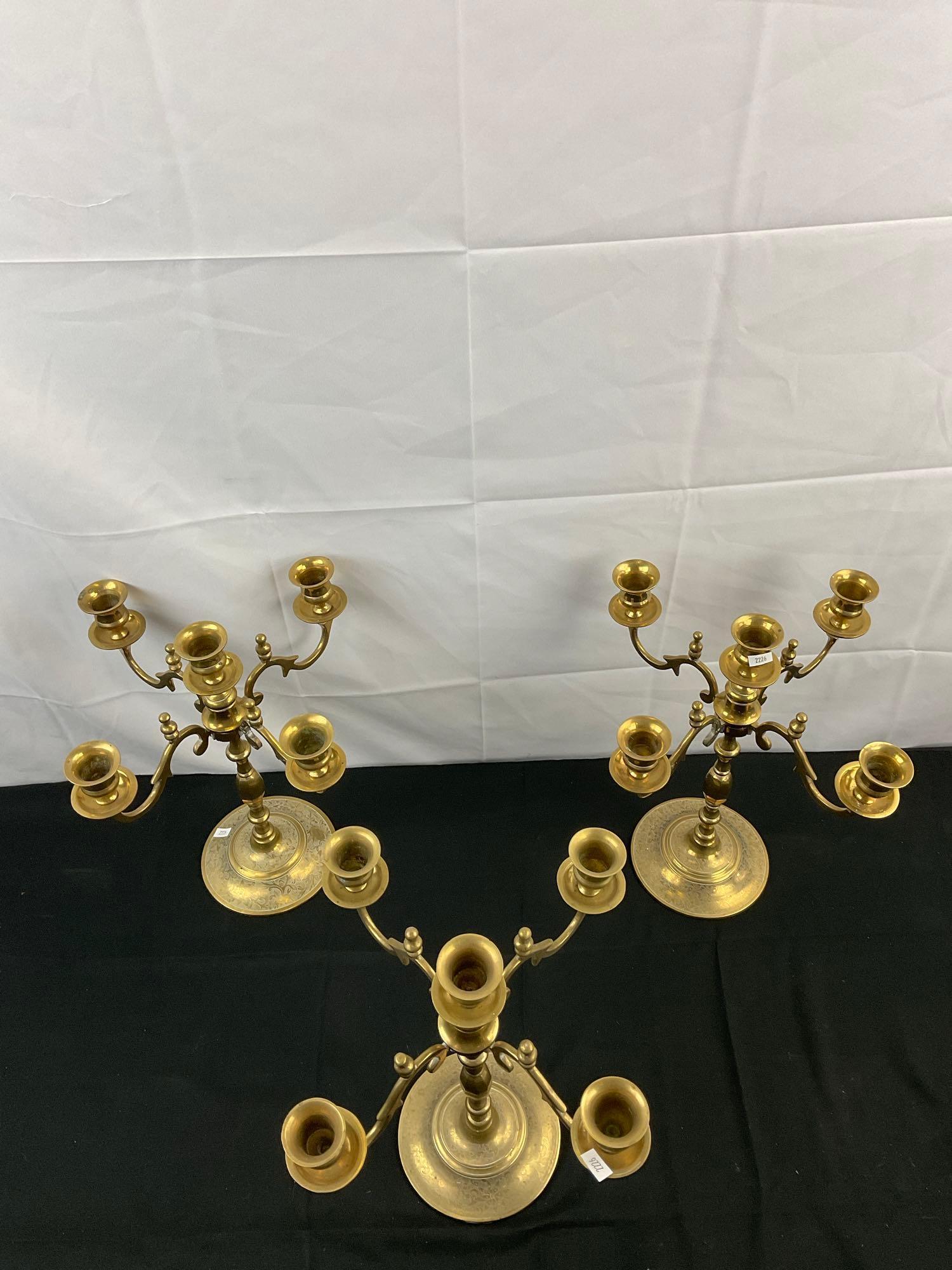 3 pcs Vintage Brass Candelabras, Each w/ 5 Candle Holders. Etched Floral Bases. See pics.