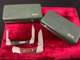 Pair of Vintage Buck Folding Pocket Knives, models 505 Knight & 705 Pony, in pair of cases