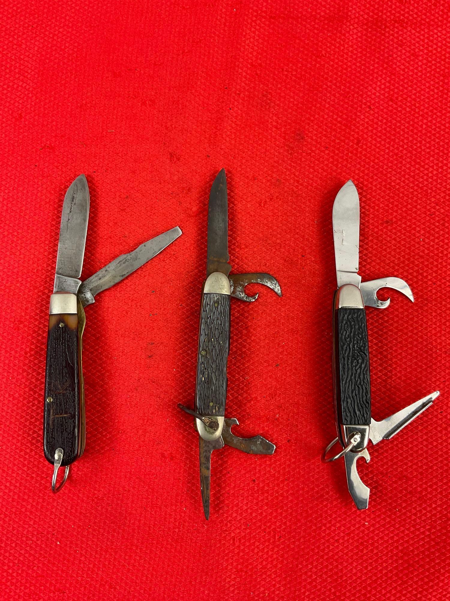 3 pcs Vintage Steel Folding Blade Utility Pocket Knife Assortment. Ulster, Imperial, Craftsman. As