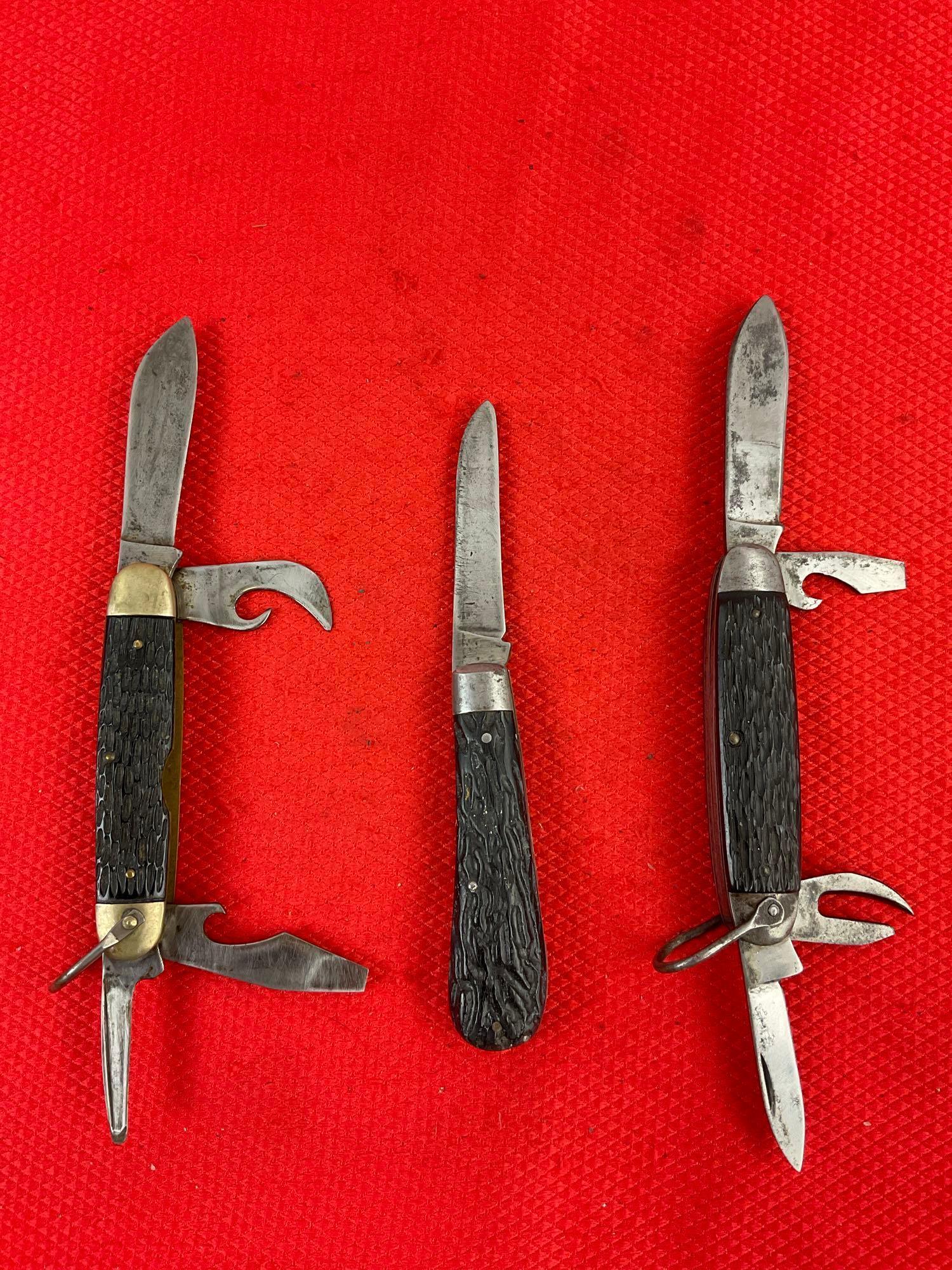 3 pcs Vintage Steel Folding Blade Pocket Knives. 1x Imperial, 1x PAL Cutlery, 1x Witness Sheffield.