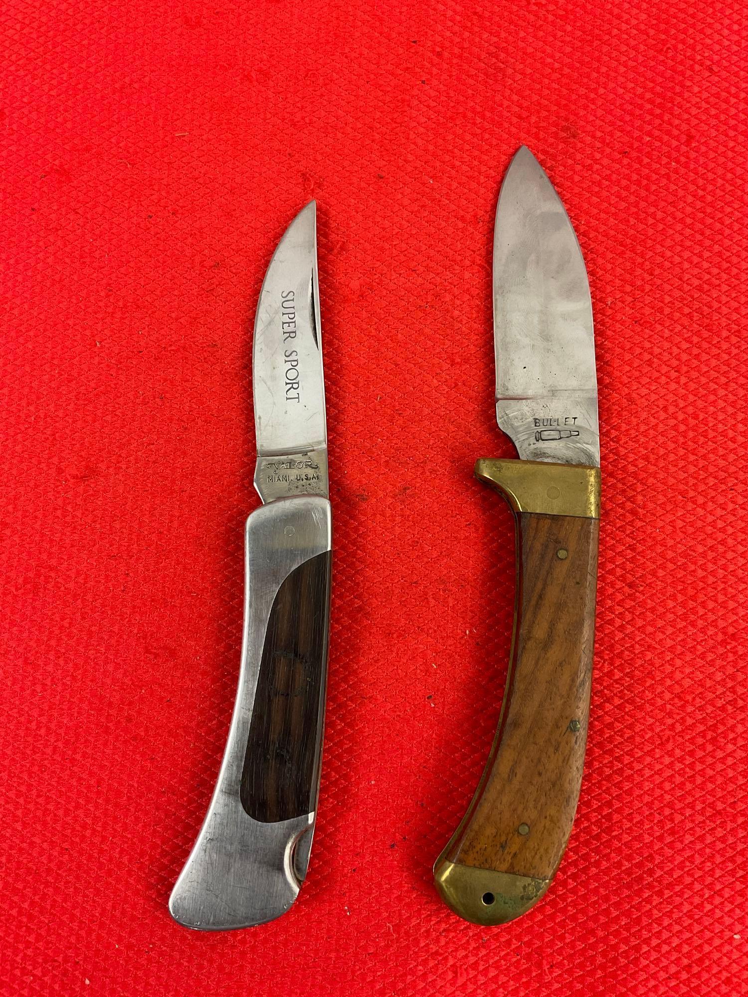 2 pcs Vintage Steel Folding Blade Pocket Knives w/ Sheathes. 1x Valor 315, 1x Bullet 13052. See