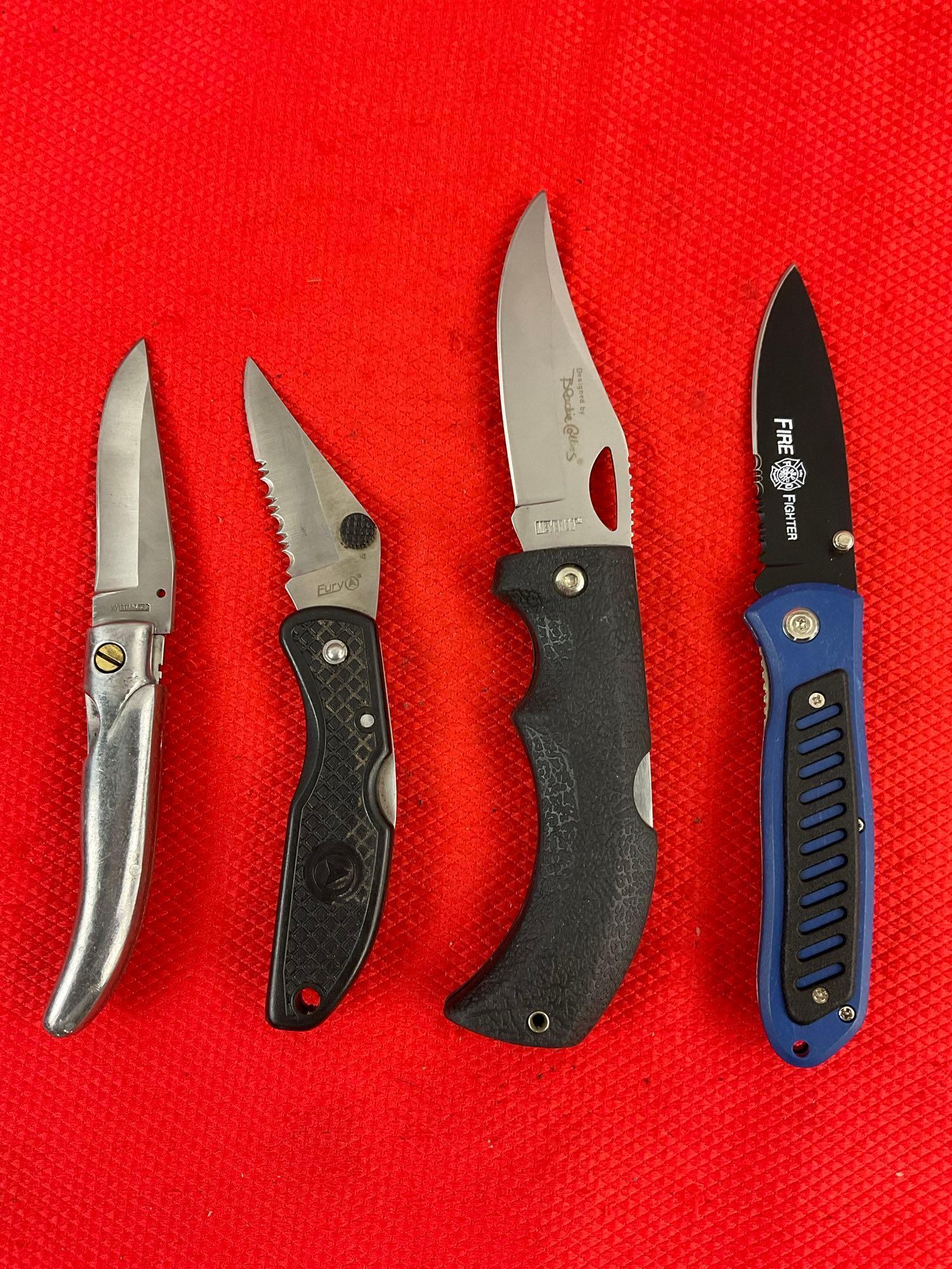 4 pcs Steel Folding Blade Pocket Knives Assortment. 1x MeyerCo, 1x Fury, 1x WY Stainless. See pics.