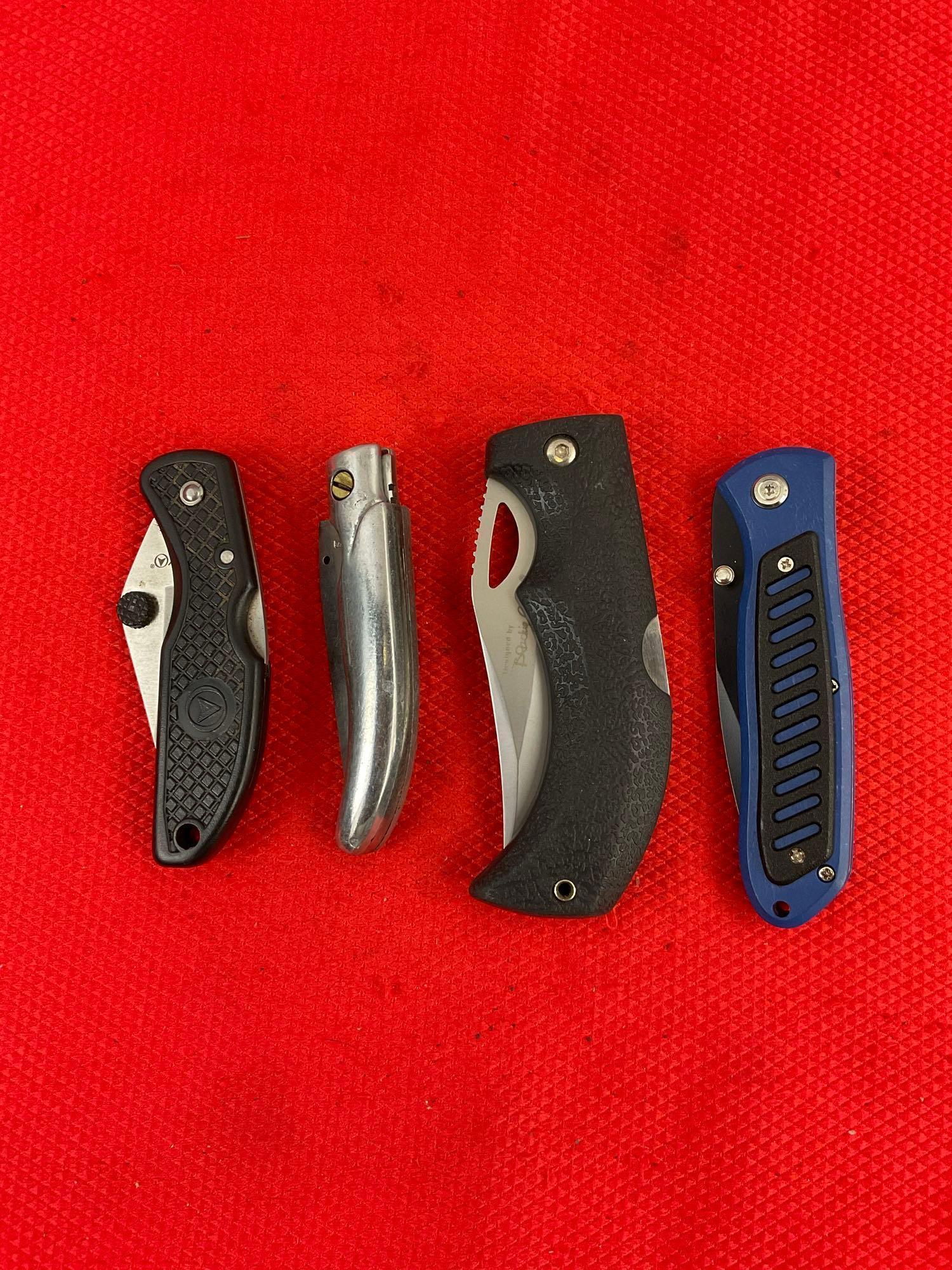 4 pcs Steel Folding Blade Pocket Knives Assortment. 1x MeyerCo, 1x Fury, 1x WY Stainless. See pics.