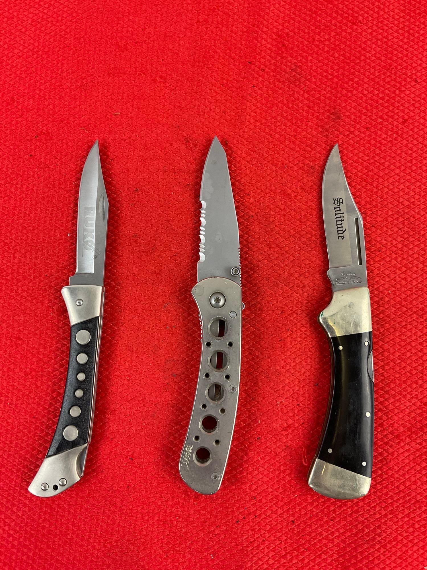 3 pcs Steel Folding Blade Pocket Knife w/ Sheath Assortment. 1x Parker, 1x CRKT, 1x Ruko. See pics.