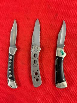 3 pcs Steel Folding Blade Pocket Knife w/ Sheath Assortment. 1x Parker, 1x CRKT, 1x Ruko. See pics.
