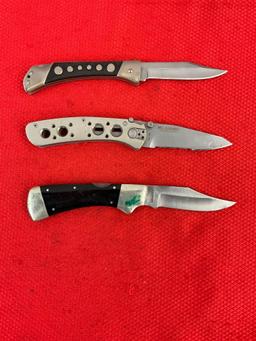 3 pcs Steel Folding Blade Pocket Knife w/ Sheath Assortment. 1x Parker, 1x CRKT, 1x Ruko. See pics.