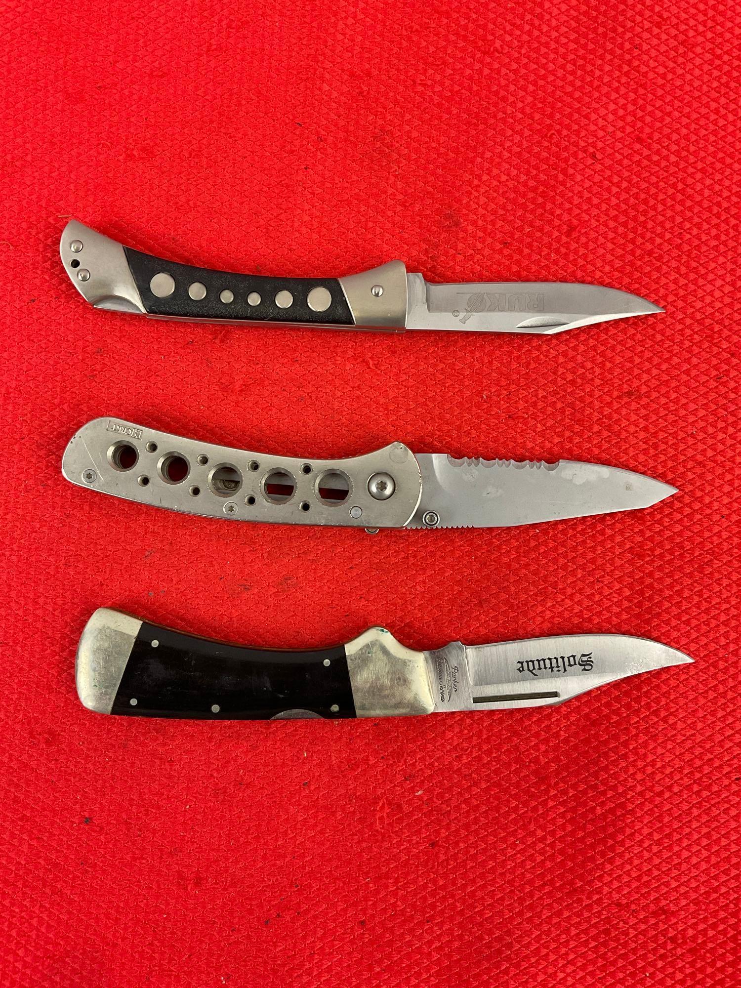 3 pcs Steel Folding Blade Pocket Knife w/ Sheath Assortment. 1x Parker, 1x CRKT, 1x Ruko. See pics.